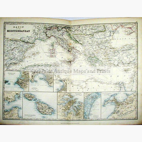 Basin of the Mediterranean 1877 Maps KittyPrint 1800s Arabia & Egypt Greece Islands Italy Sea Charts Spain & Portugal World Maps