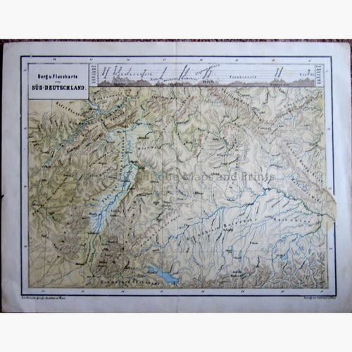 Antique Map Berg u. Flusskarte von Sud Deutschland.,1880 Maps
