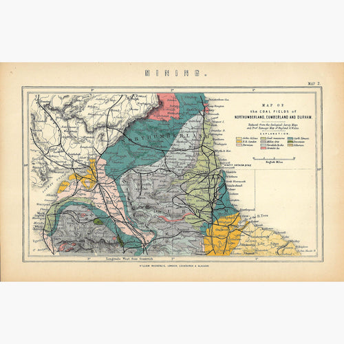 Antique Map Coalfields of Northumberland Cumberland and Durham 1882 Maps