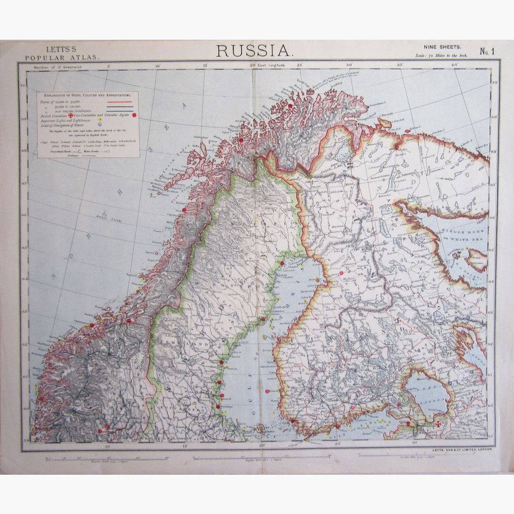 Antique Map Russia Finland Sweden Norway Lapland and Tromso 1883 Maps