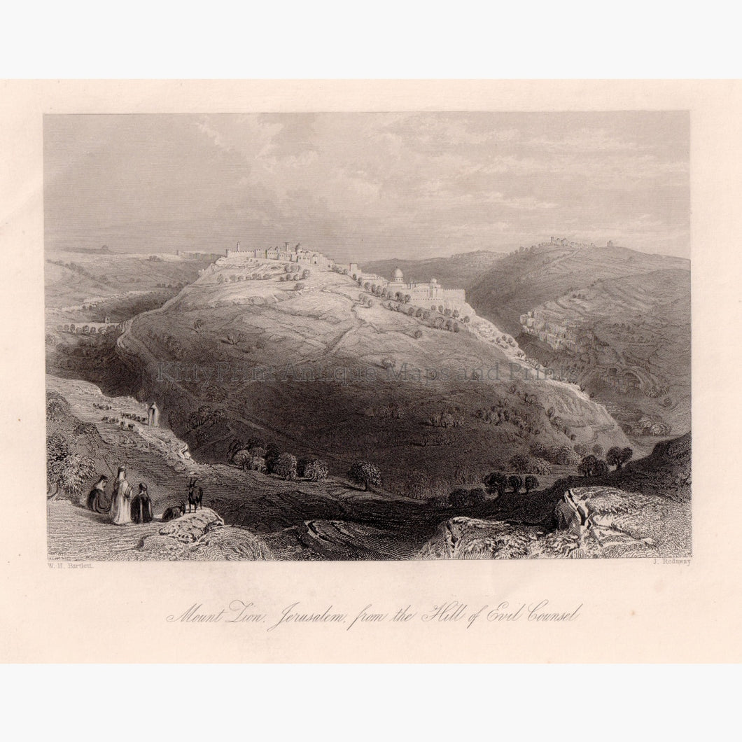 Mount Zion Jerusalem from the Hill of Evil Counsel c.1840 Prints KittyPrint 1800s Castles & Historical Buildings Holy Land Landscapes Religion