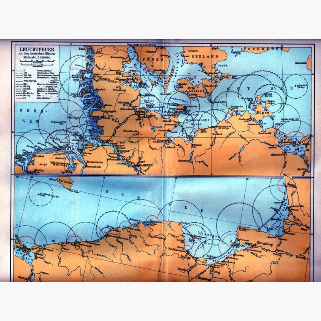 Lighthouses Leuchtfeuer on the German coasts 1906 Maps