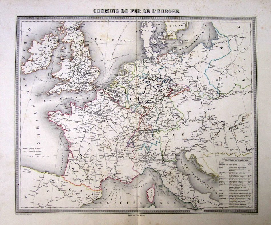 Antique Map, Railway routes of Europe. Chemins de Fer de Europe, 1863