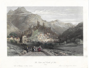 Antique Print, Itri, The Town and Castle, 1841
