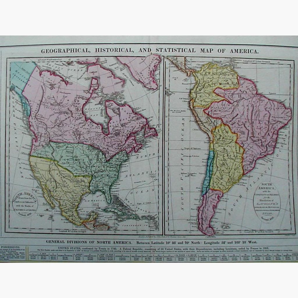 Geographical Historical and Statistical Map of America 1828 Maps KittyPrint 1800s Americas Regional Maps Canada & United States Latin America Population Statistics