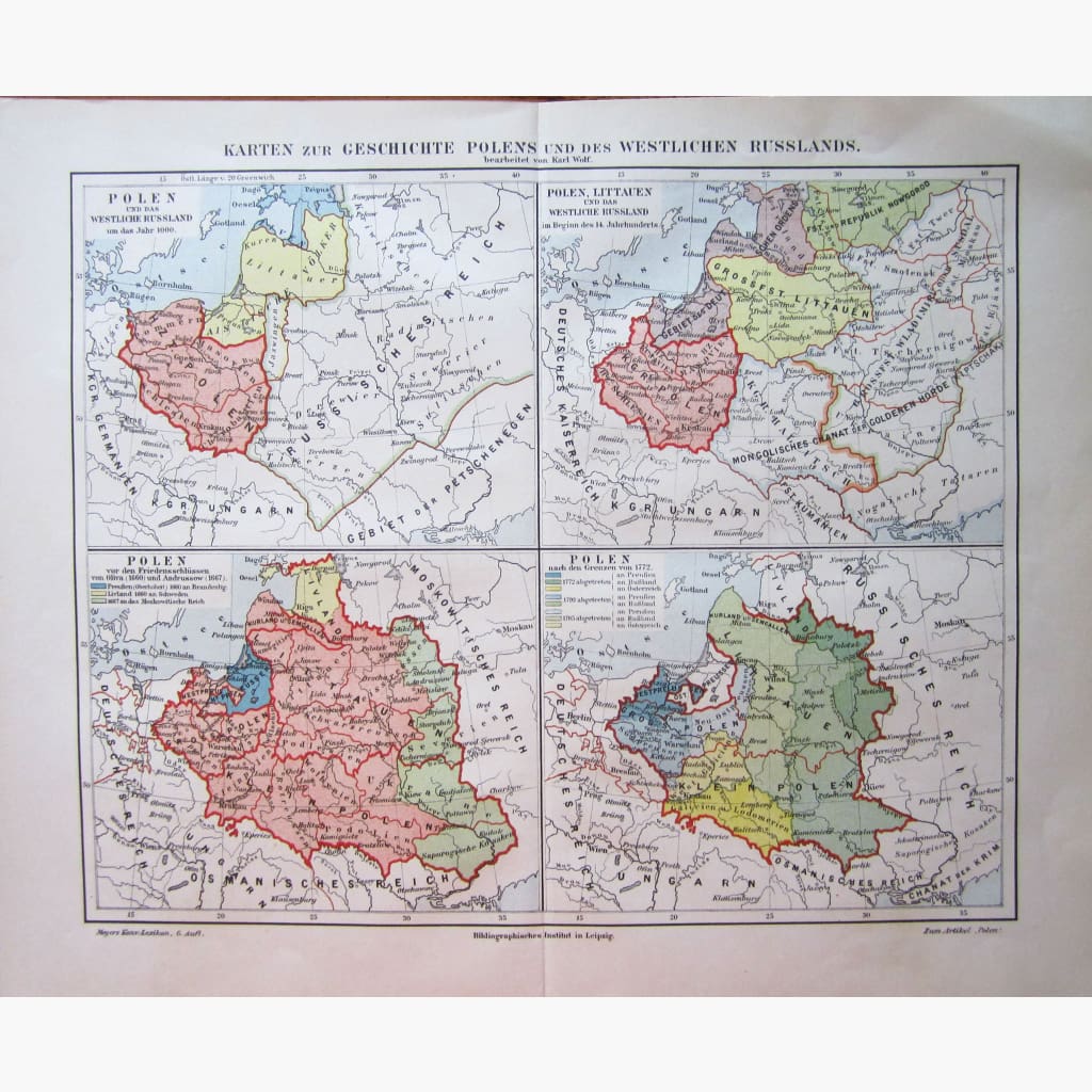 Antique Map Geschichte Polens Polish History 1906 Maps