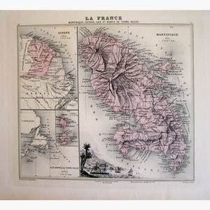 Antique Map Martinique Guyane Iles et Bancs de Terre Neuve 1886 Maps