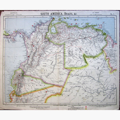Antique Map South America Brazil &C. 1886 Maps