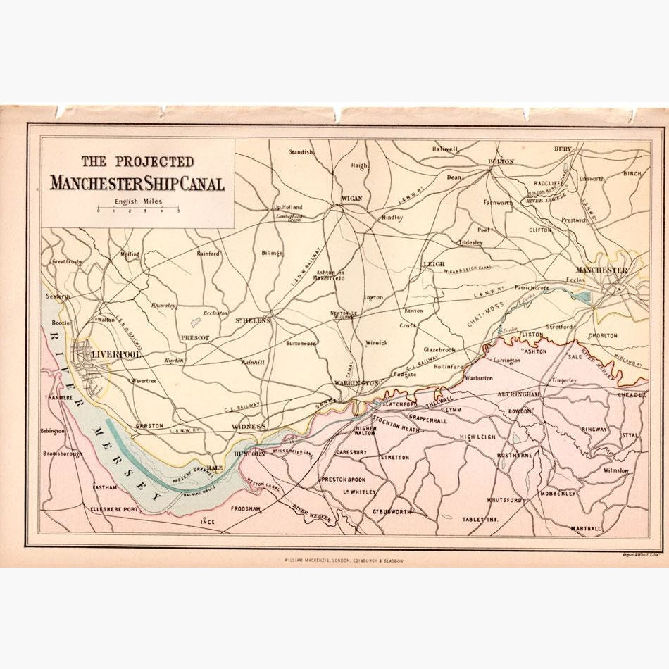 The Projected Manchester Ship Canal 1882 Maps KittyPrint 1800s England Road Rail & Engineering