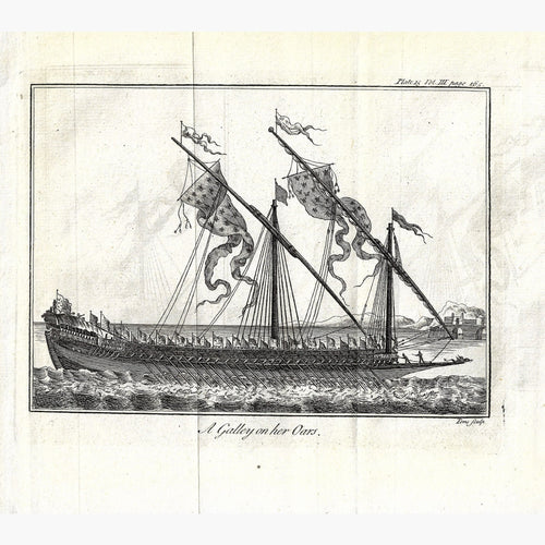 Antique Print A Galley on her Oars Pluche 1737. Prints