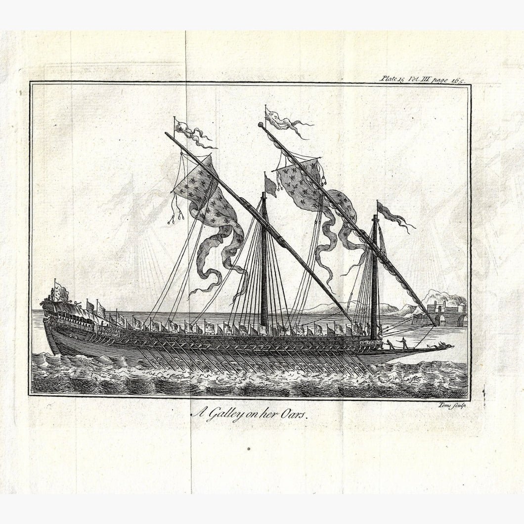 Antique Print A Galley on her Oars Pluche 1737. Prints