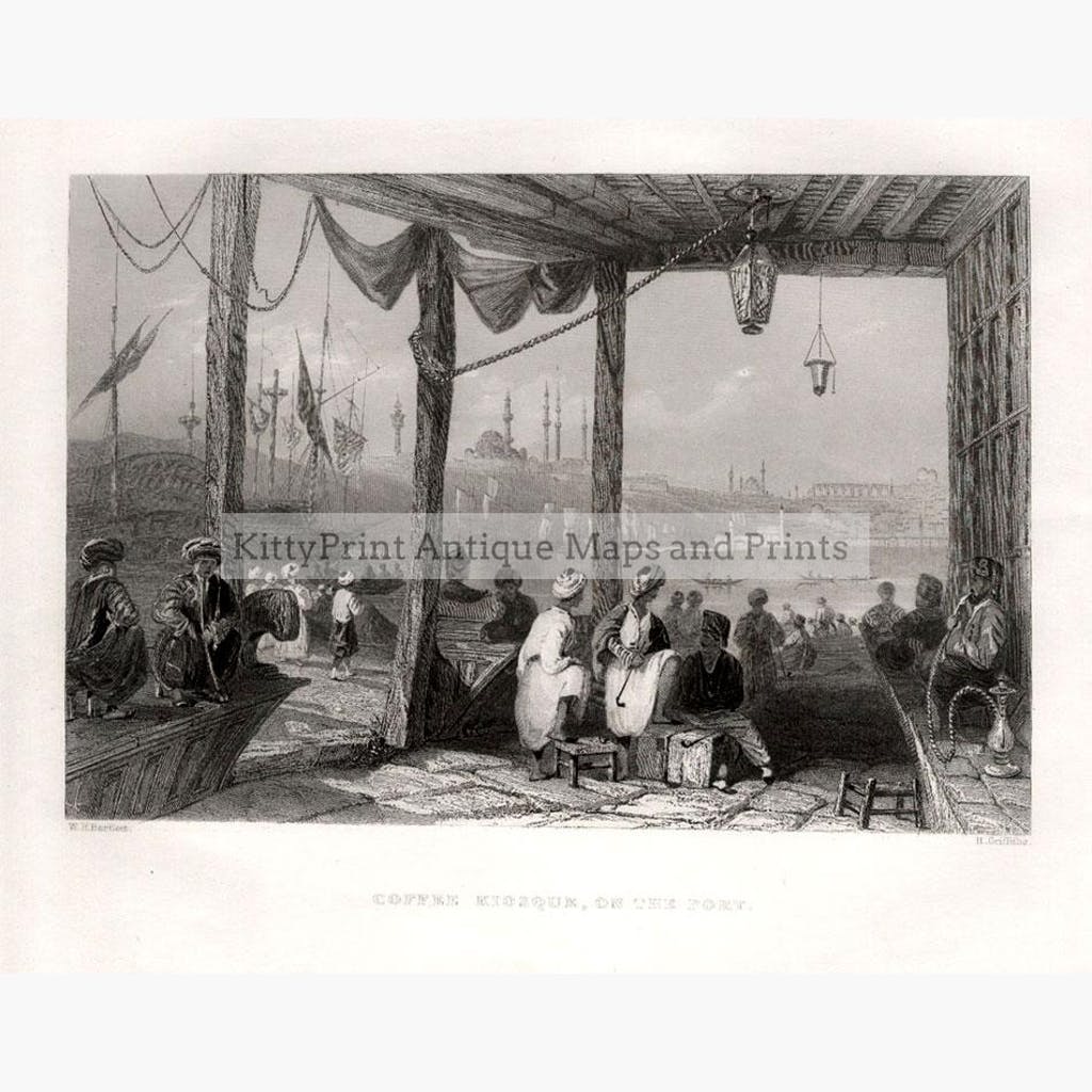 Coffee Kiosque on the Port c.1840 Prints KittyPrint 1800s Genre Scenes Ottoman Turkey & Persia