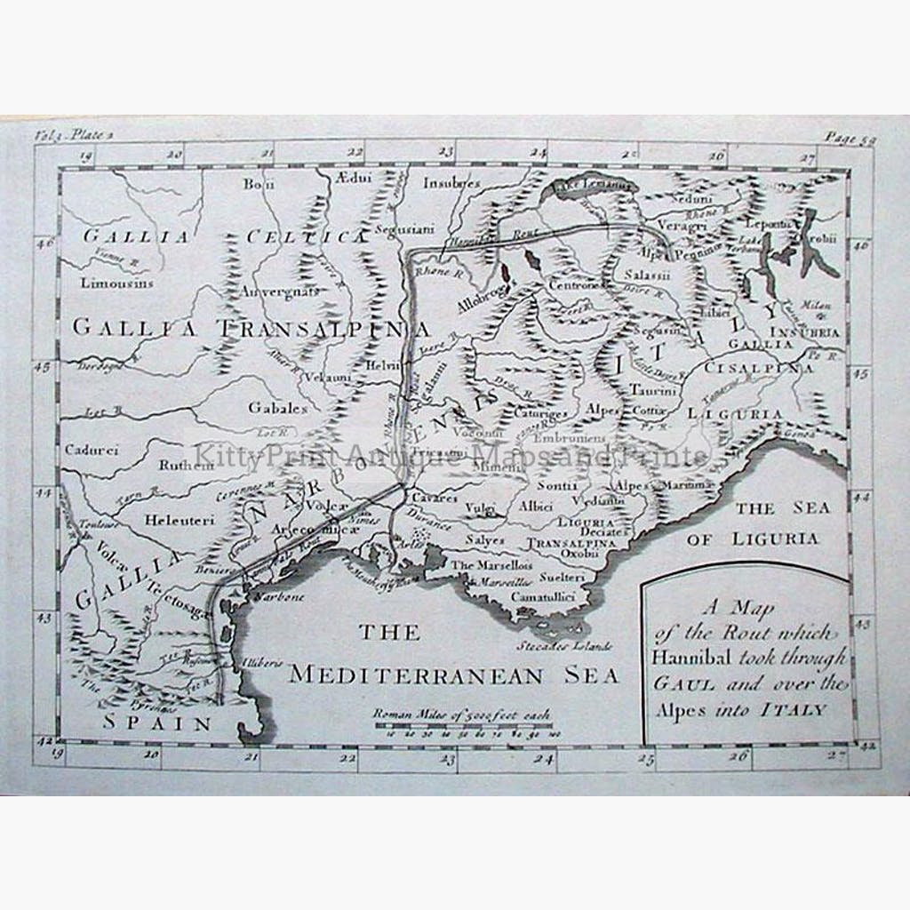 Hannibal's Route over the Alps 1760 Maps KittyPrint Historical Journeys Italy