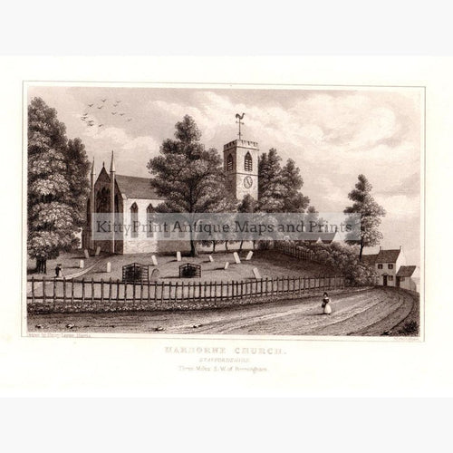 Harborne Church Staffordshire 1850 Prints KittyPrint 1800s Castles & Historical Buildings England