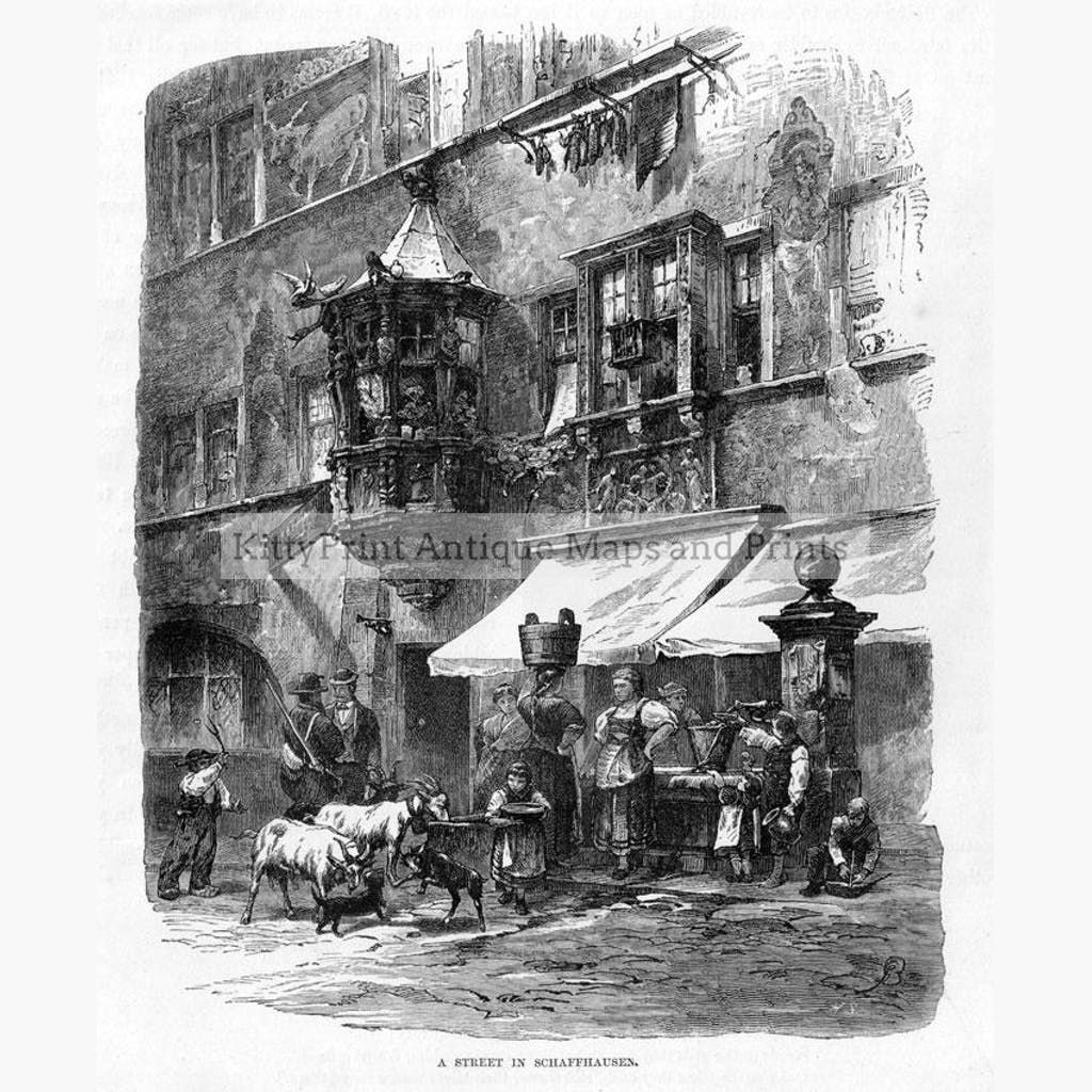 Schaffhausen street scene c.1860 Prints KittyPrint 1800s Genre Scenes Switzerland