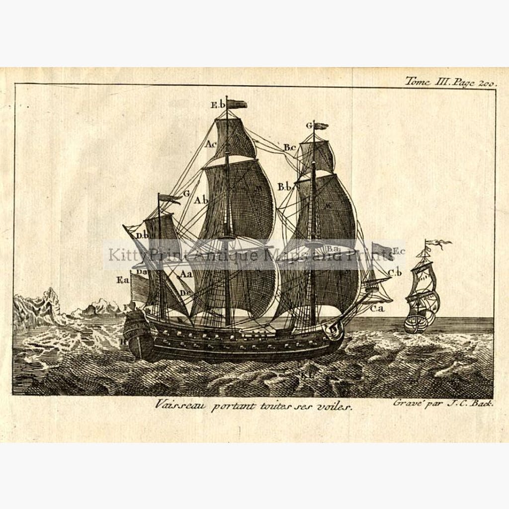 Vessel displaying all her sails Vaisseau portant toutes ses voiles,1797 Prints KittyPrint 1700s Maritime Seascapes Ports & Harbours